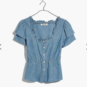EUC Madewell Chambray Ruffle-Sleeve Peplum Top